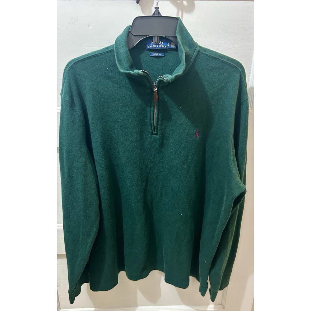 Polo Ralph Lauren Sweater Pullover Mens L Green 1/4 Zip Estate Rib Knit Cotton
